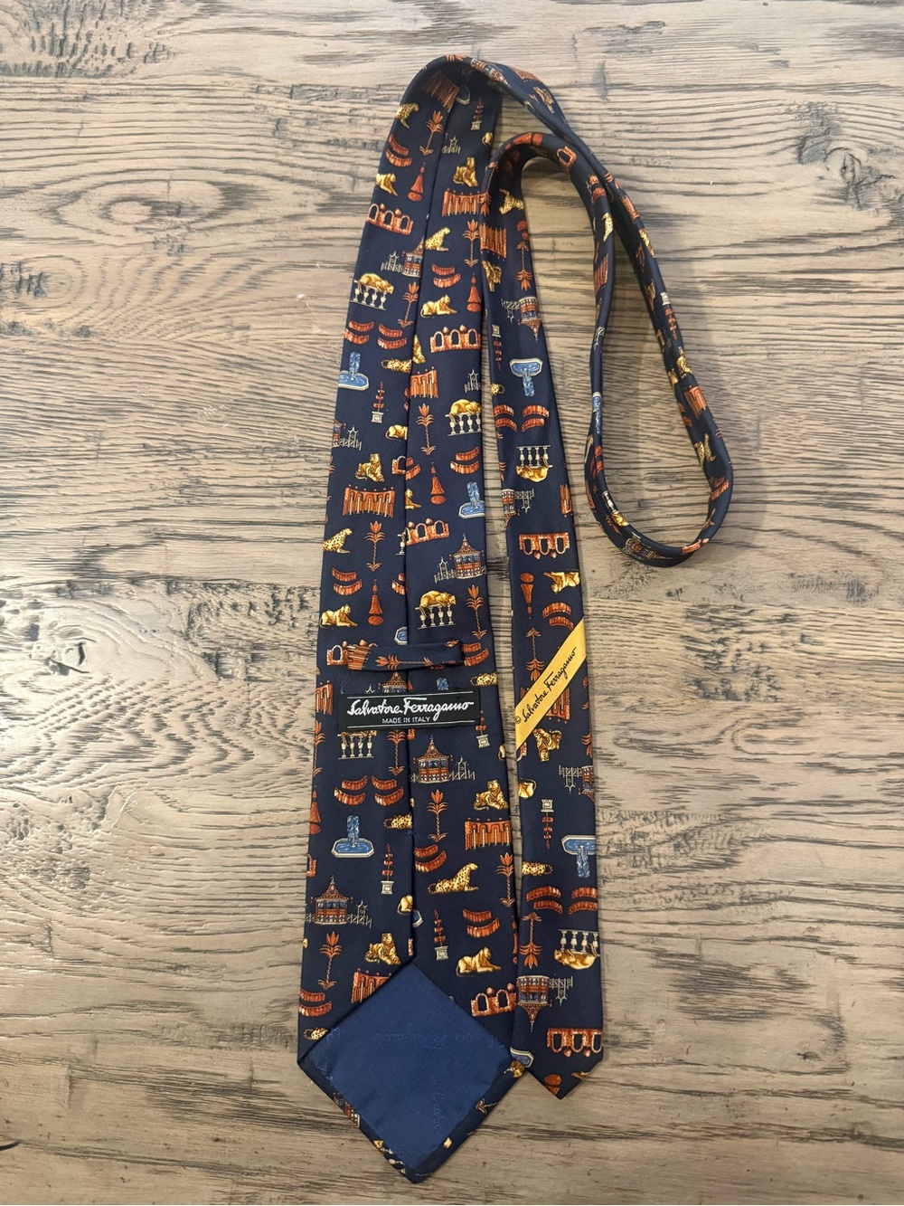 Salvatore Ferragamo Navy Silk Tie with Orange and Light Blue Motifs